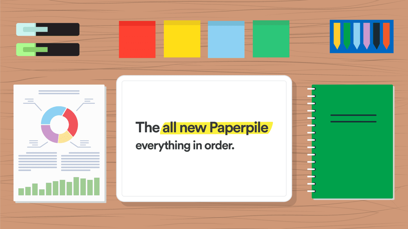 Graphic depicting an organized desk with a Paperpile tagline on a tablet.